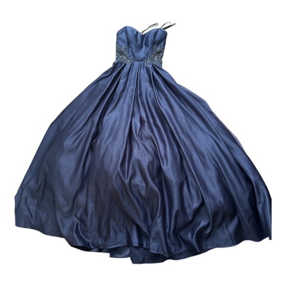 Blondie nite Navy Blue Satin Ball Gown Beaded Lace Waist Formal Evening Dress - Picture 2 of 11
